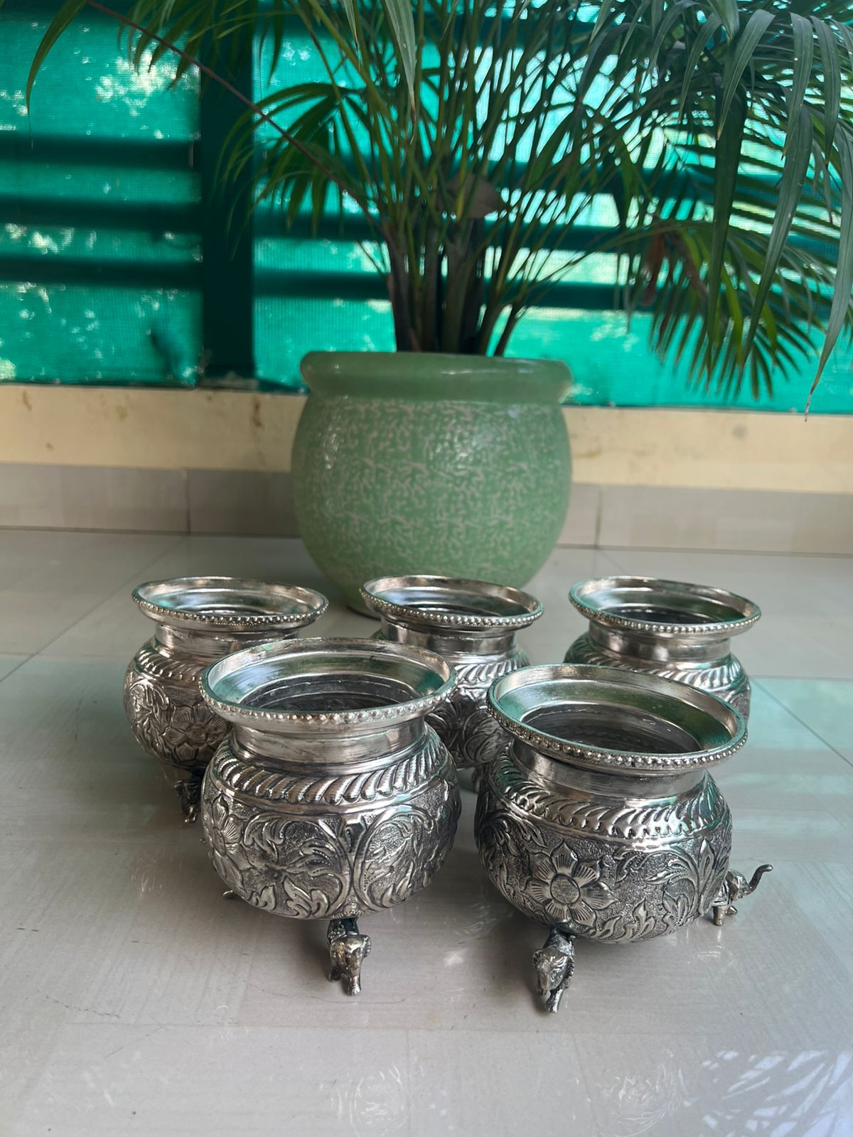 German Silver Antique Finish Elephant Leg Bowls/ kalash  – Set of 2 Large Pooja & Decor