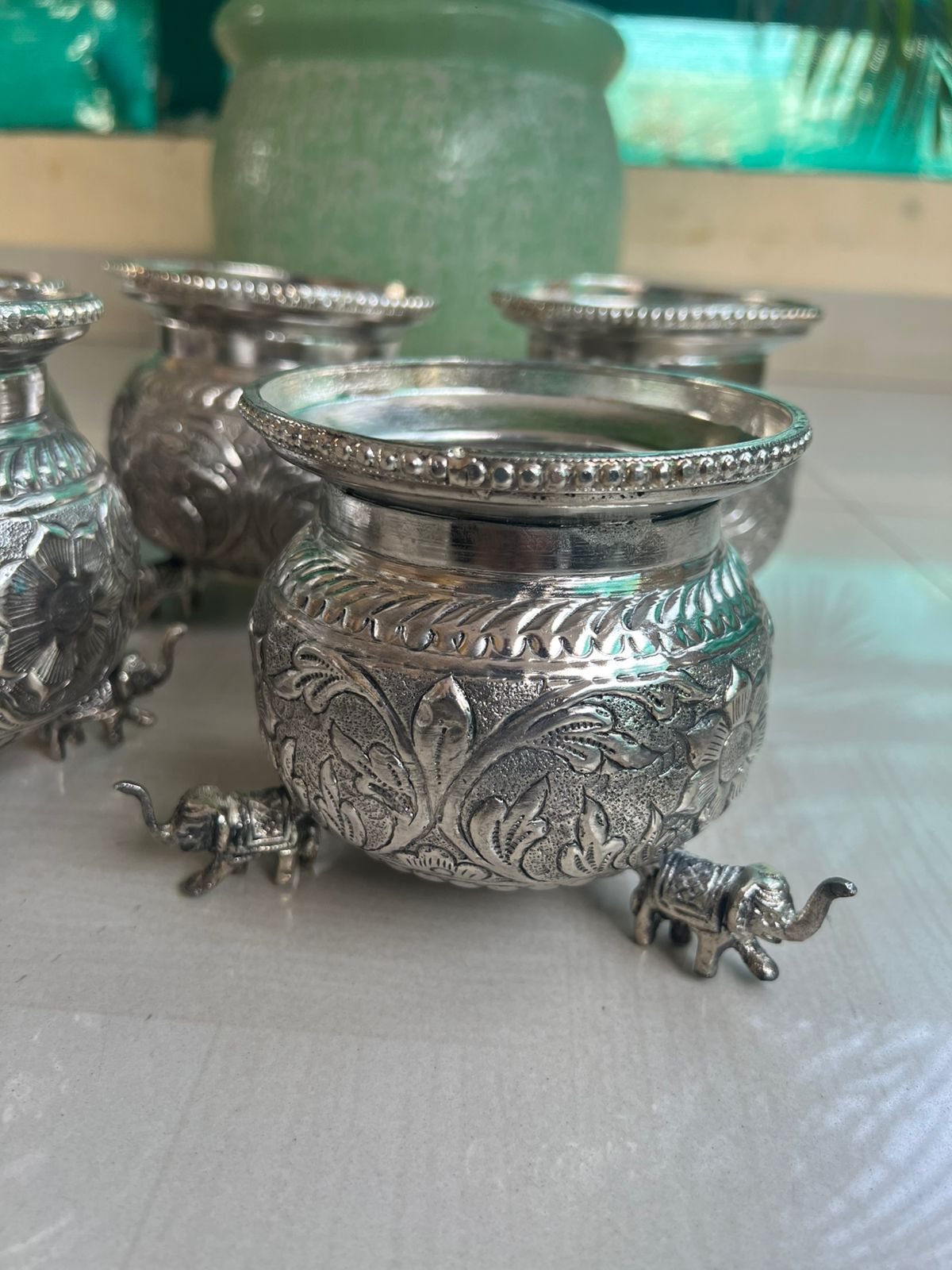 German Silver Antique Finish Elephant Leg Bowls/ kalash  – Set of 2 Large Pooja & Decor