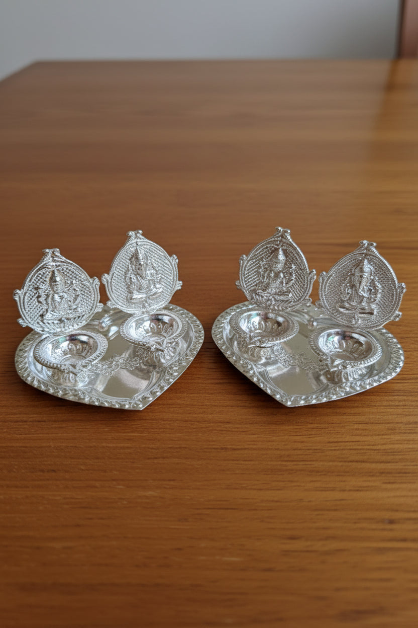 German Silver Ganesh Laxmi Designer Plate with Deepam – Antique Finish Pooja Set, 2 set
