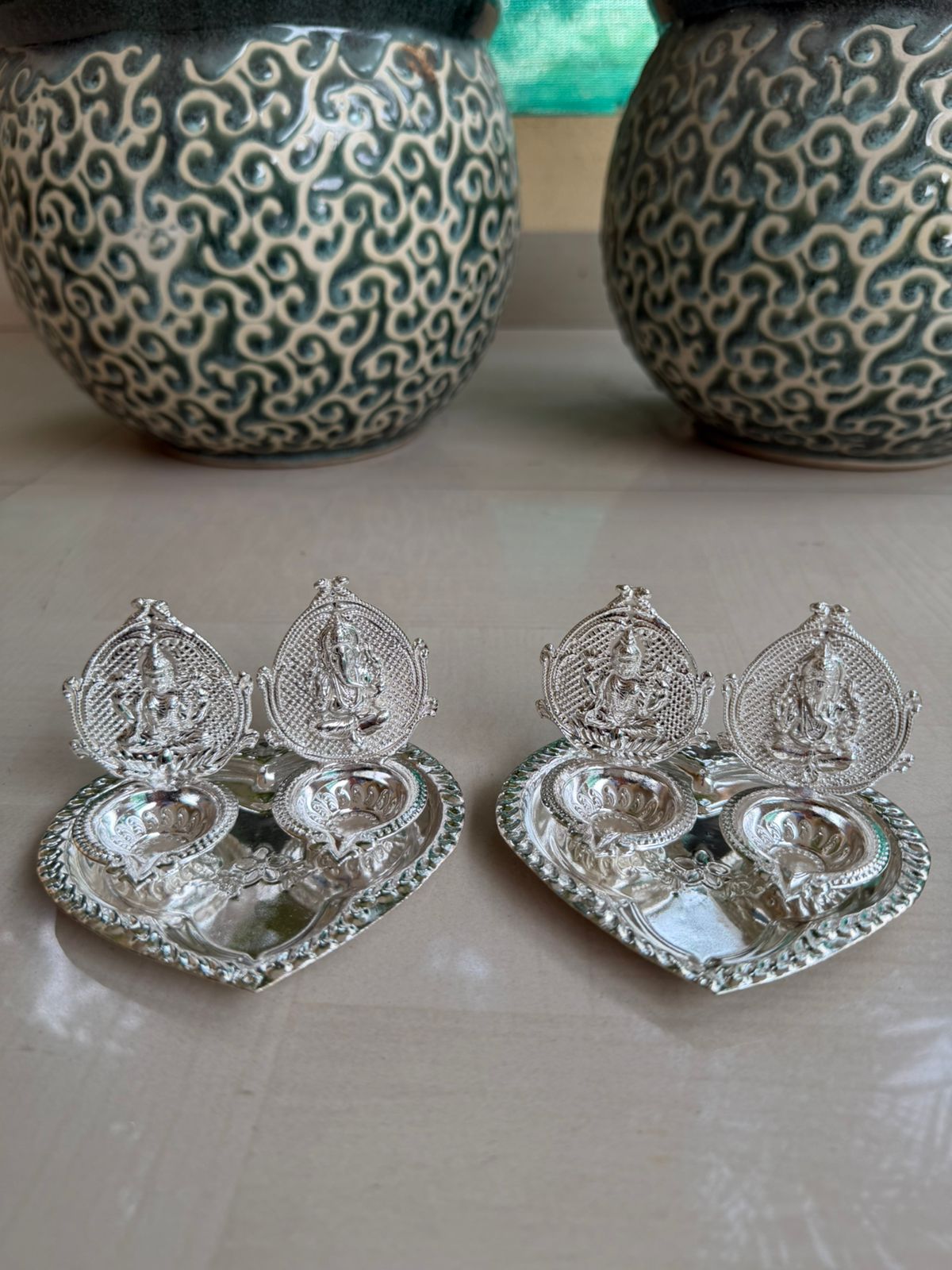 German Silver Ganesh Laxmi Designer Plate with Deepam – Antique Finish Pooja Set, 2 set