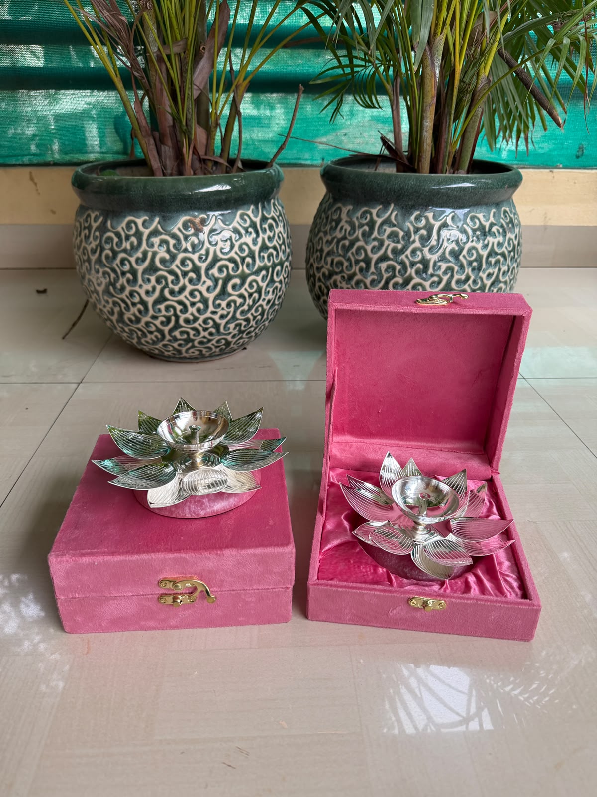 German Silver Lotus Diya Set – Pink Resin Base with Velvet Box (2 Pairs)