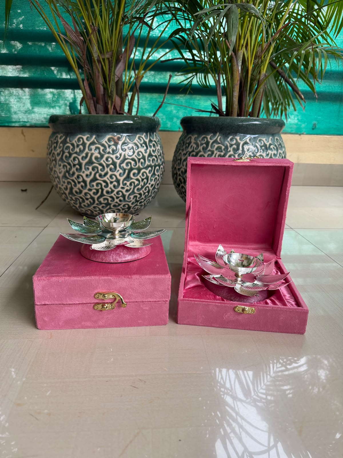 German Silver Lotus Diya Set – Pink Resin Base with Velvet Box (2 Pairs)