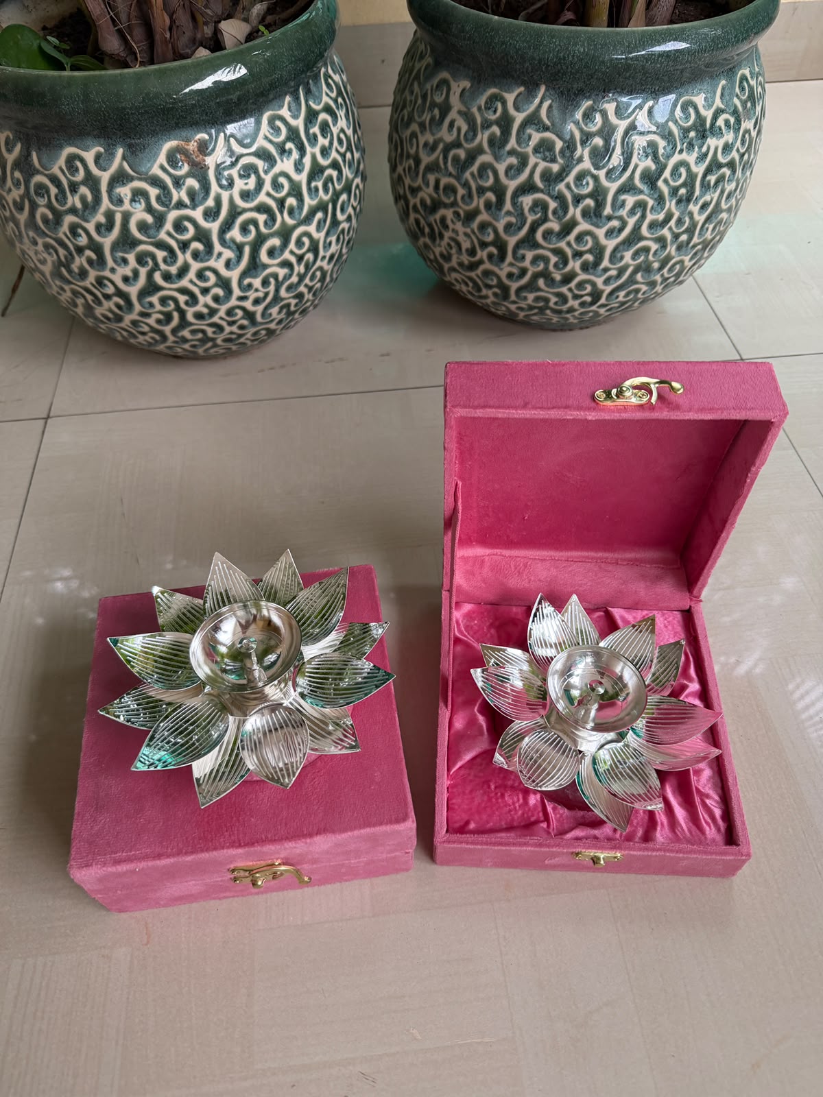 German Silver Lotus Diya Set – Pink Resin Base with Velvet Box (2 Pairs)