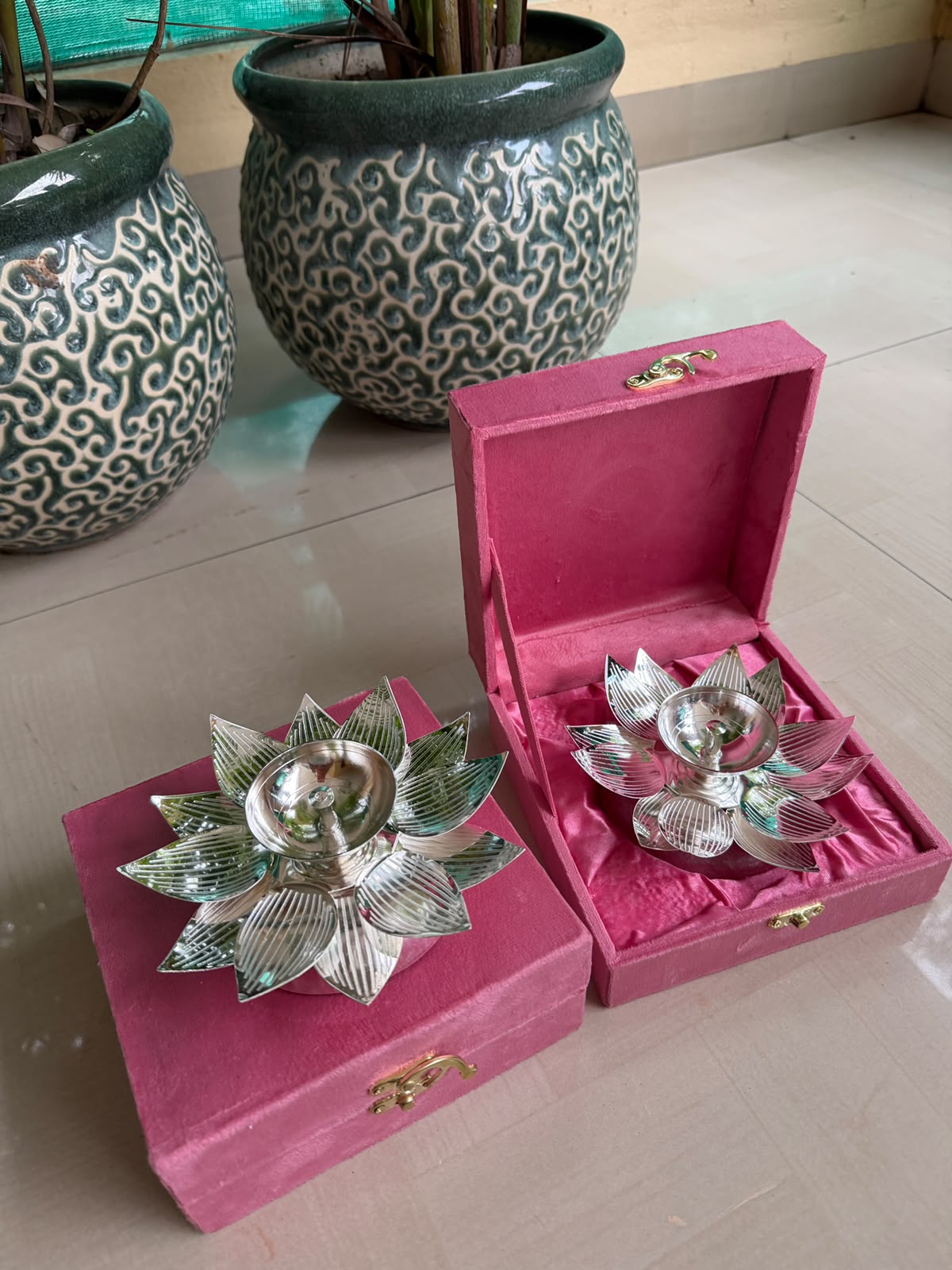 German Silver Lotus Diya Set – Pink Resin Base with Velvet Box (2 Pairs)