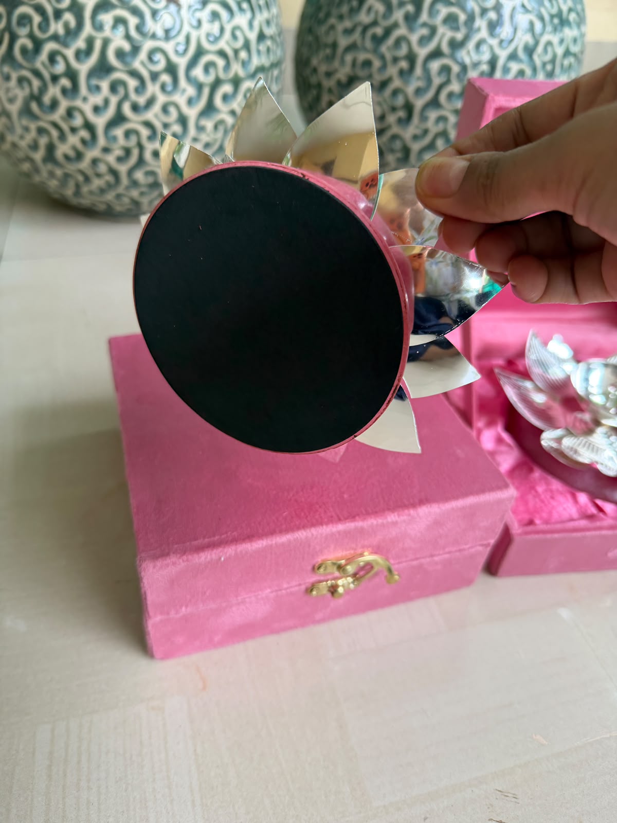 German Silver Lotus Diya Set – Pink Resin Base with Velvet Box (2 Pairs)