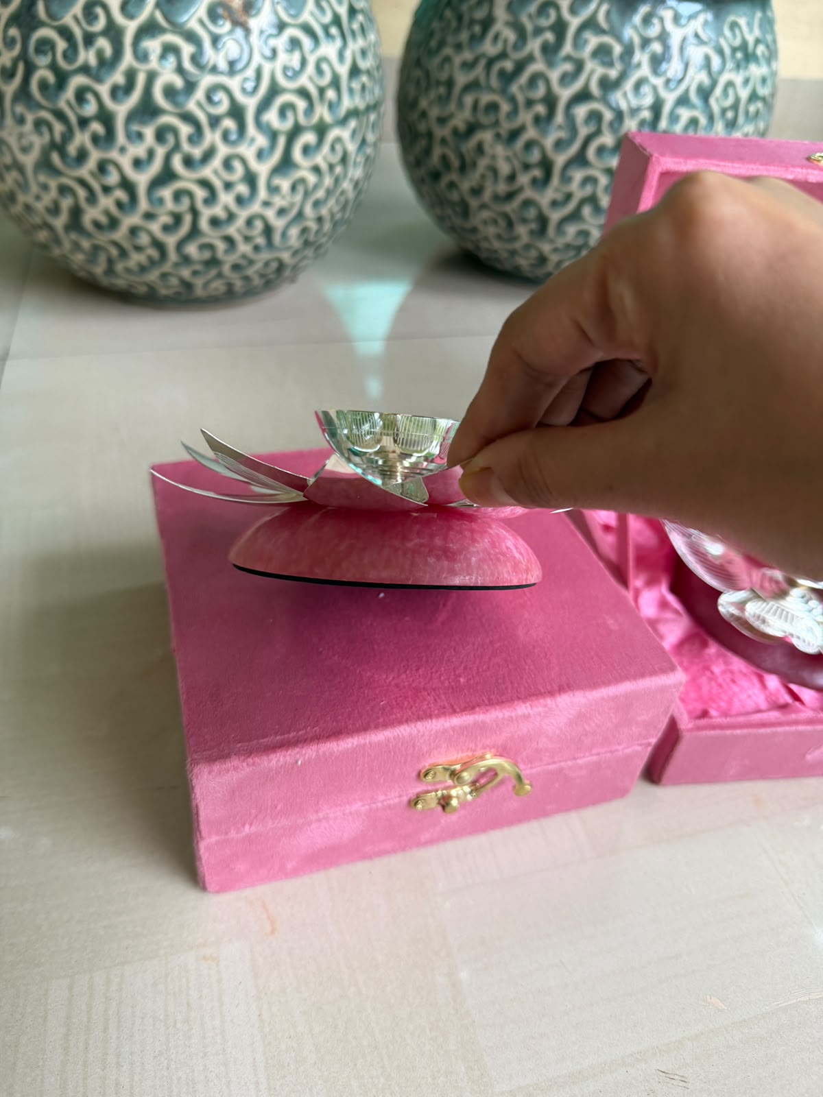 German Silver Lotus Diya Set – Pink Resin Base with Velvet Box (2 Pairs)