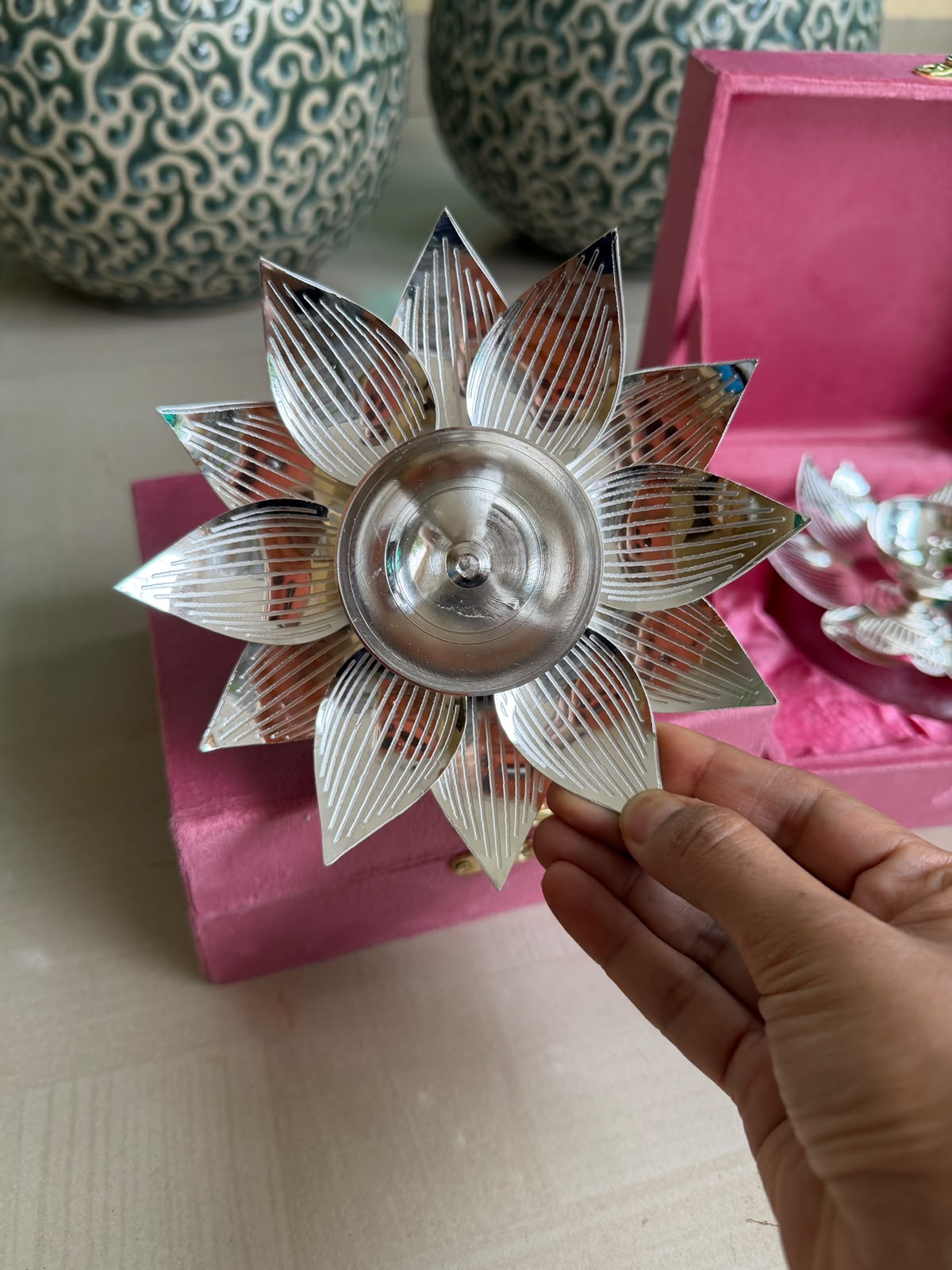 German Silver Lotus Diya Set – Pink Resin Base with Velvet Box (2 Pairs)