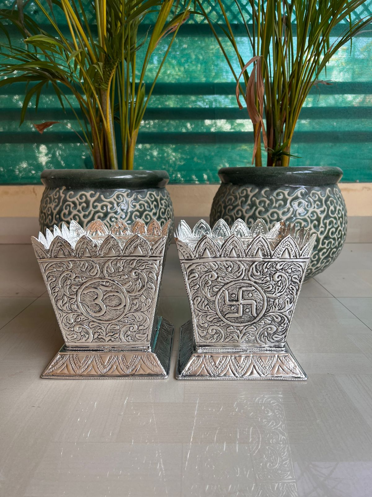 German Silver Fully Carved Tulsi Pot – Antique Finish Sacred Pooja Décor, 1 piece