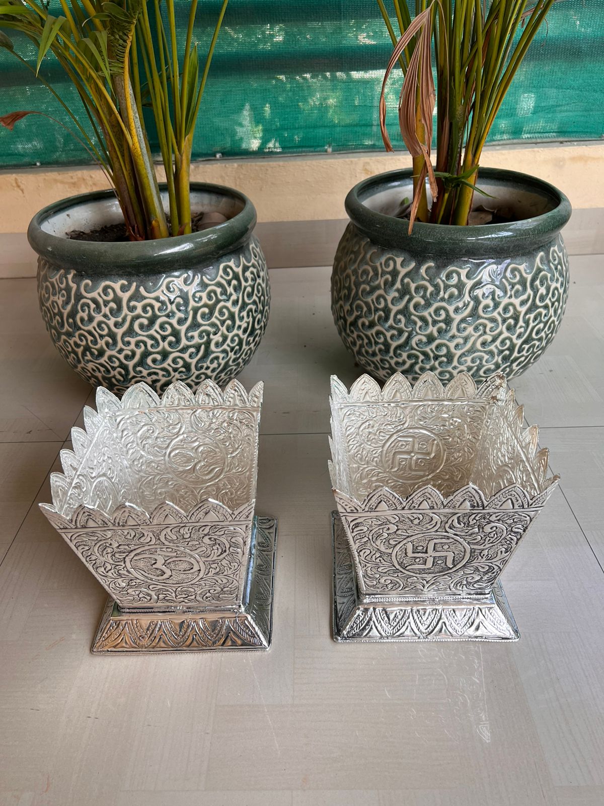 German Silver Fully Carved Tulsi Pot – Antique Finish Sacred Pooja Décor, 1 piece