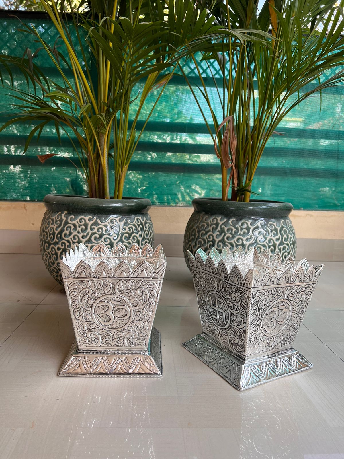 German Silver Fully Carved Tulsi Pot – Antique Finish Sacred Pooja Décor, 1 piece