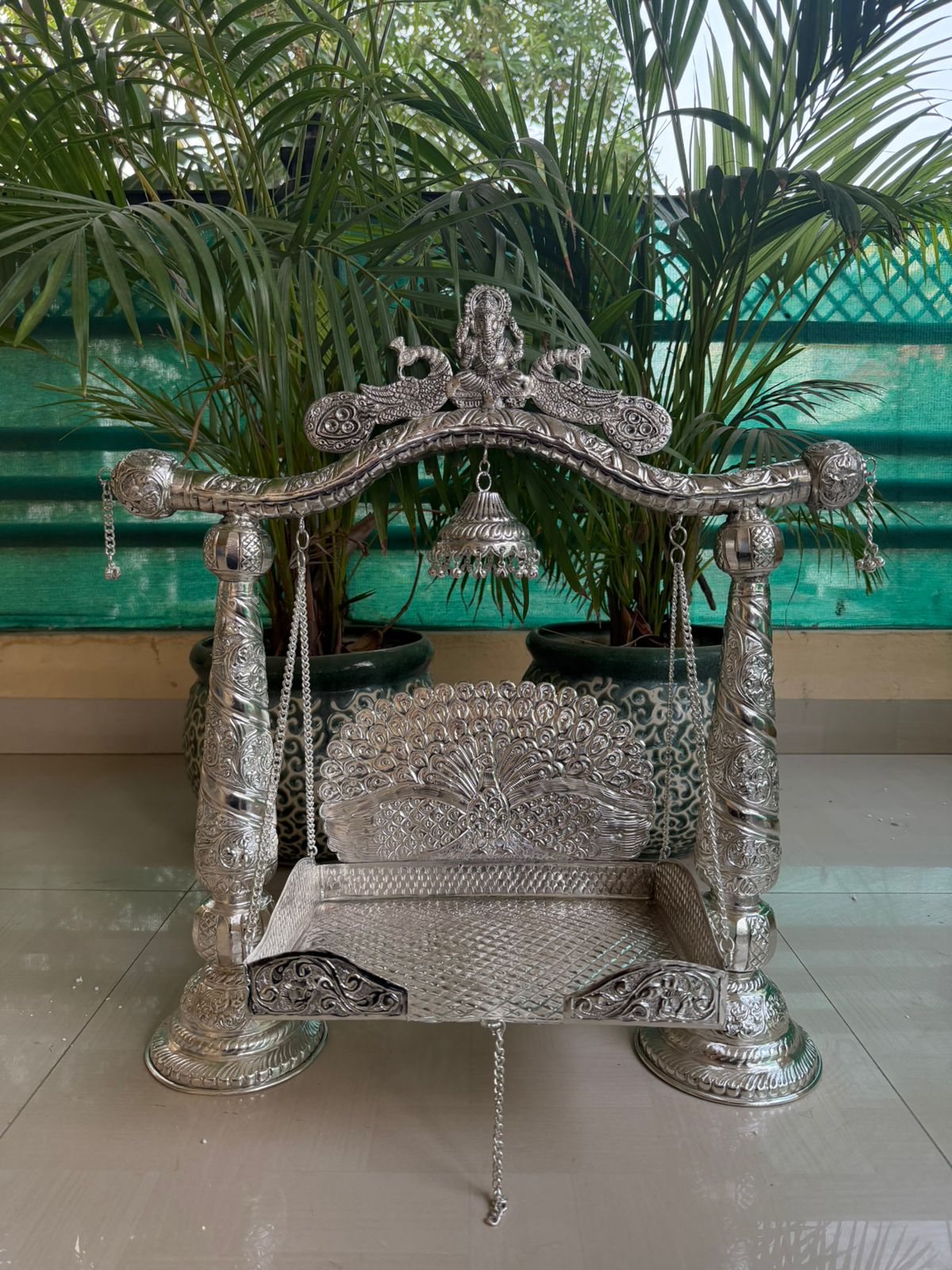German Silver Ganesh & Peacock Jhula – medium Size Laddu Gopal/ god idols Swing