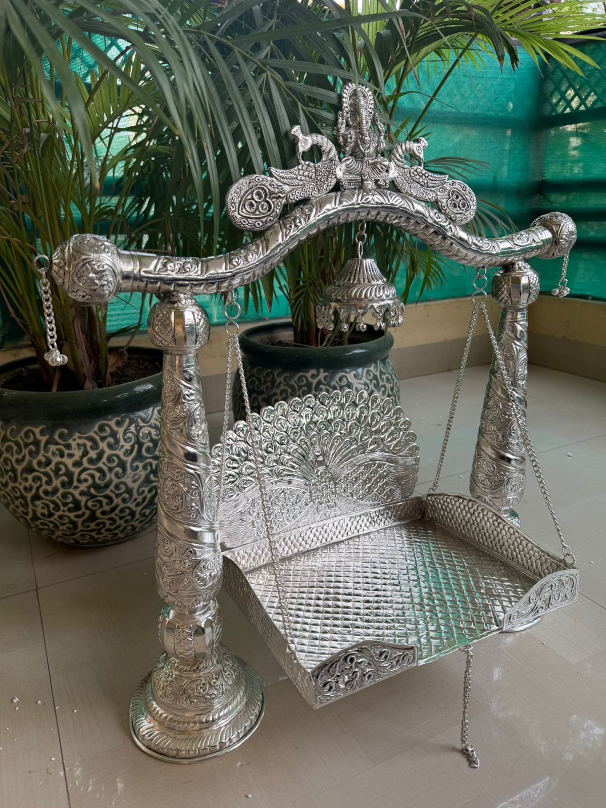 German Silver Ganesh & Peacock Jhula – medium Size Laddu Gopal/ god idols Swing