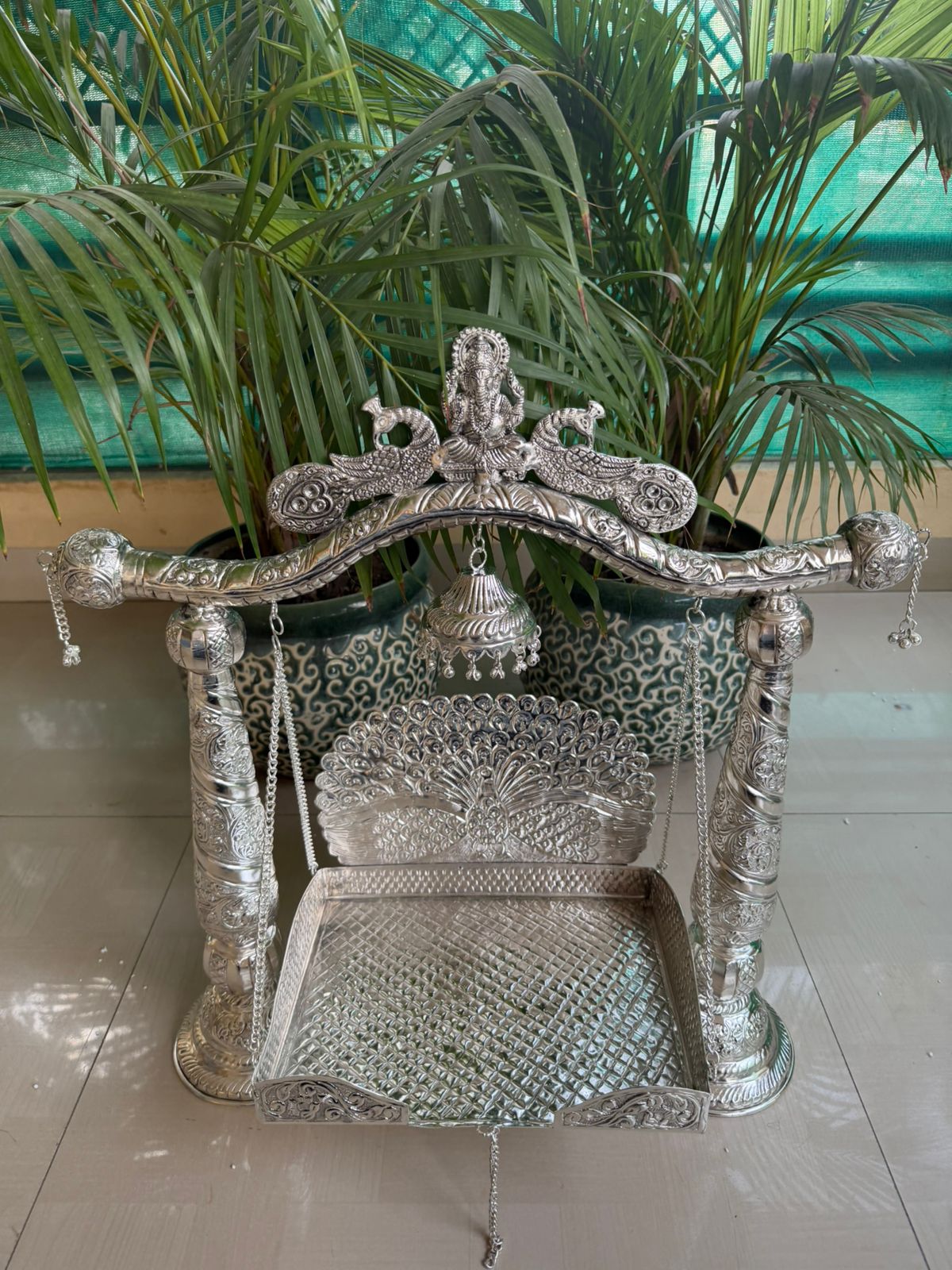 German Silver Ganesh & Peacock Jhula – small Size Laddu Gopal god idols Swing