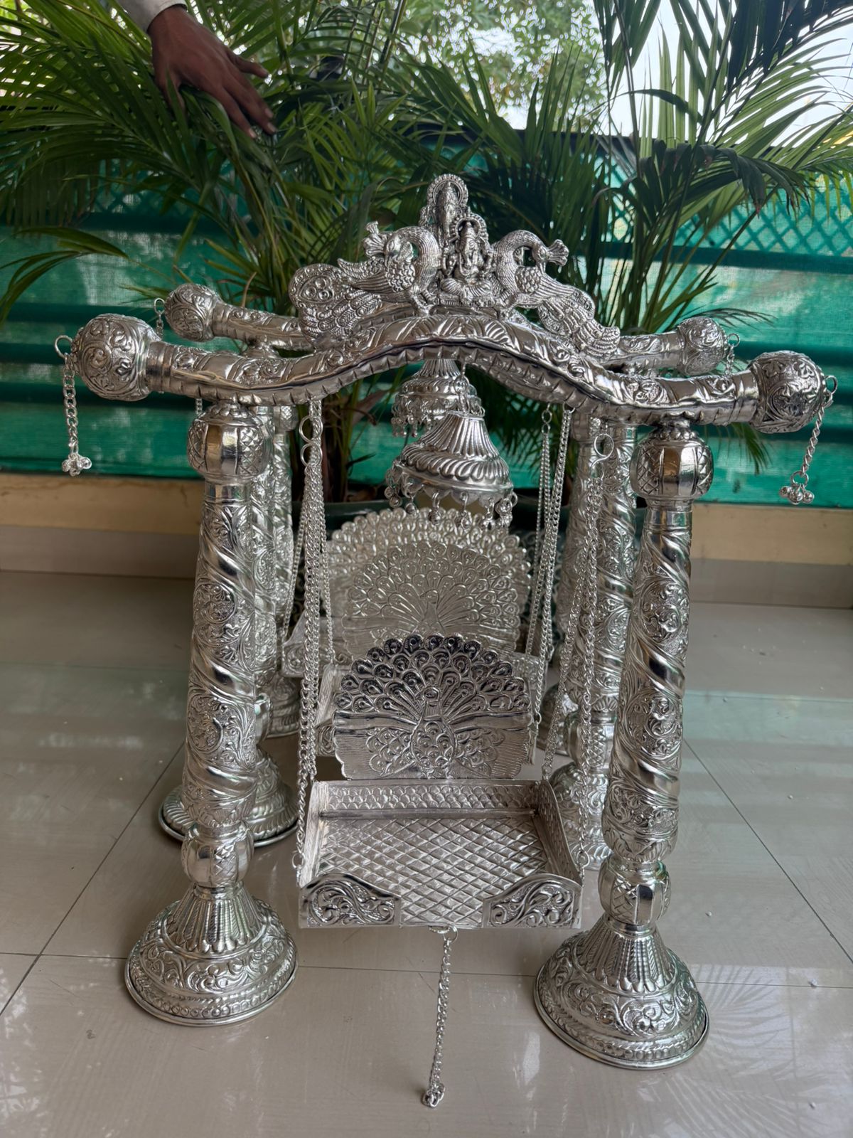German Silver Ganesh & Peacock Jhula – Big Size Laddu Gopal/ god idols Swing