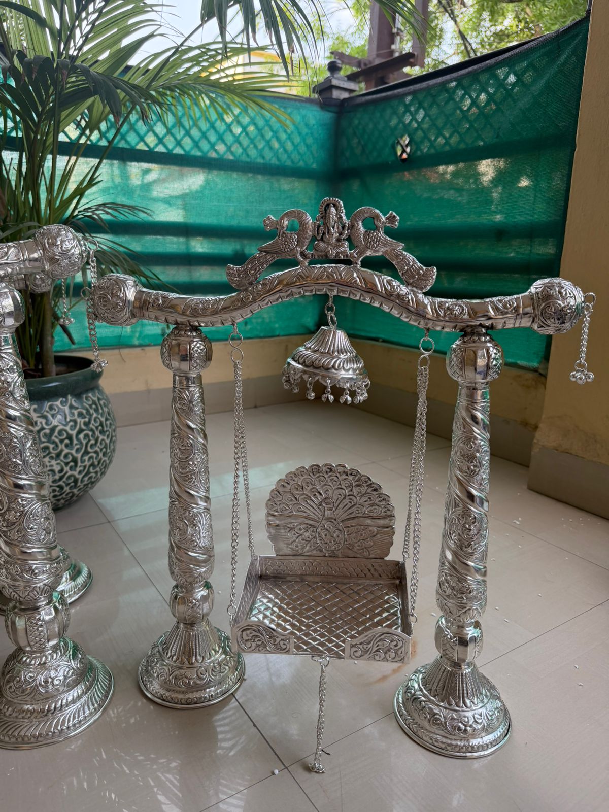 German Silver Ganesh & Peacock Jhula – medium Size Laddu Gopal/ god idols Swing