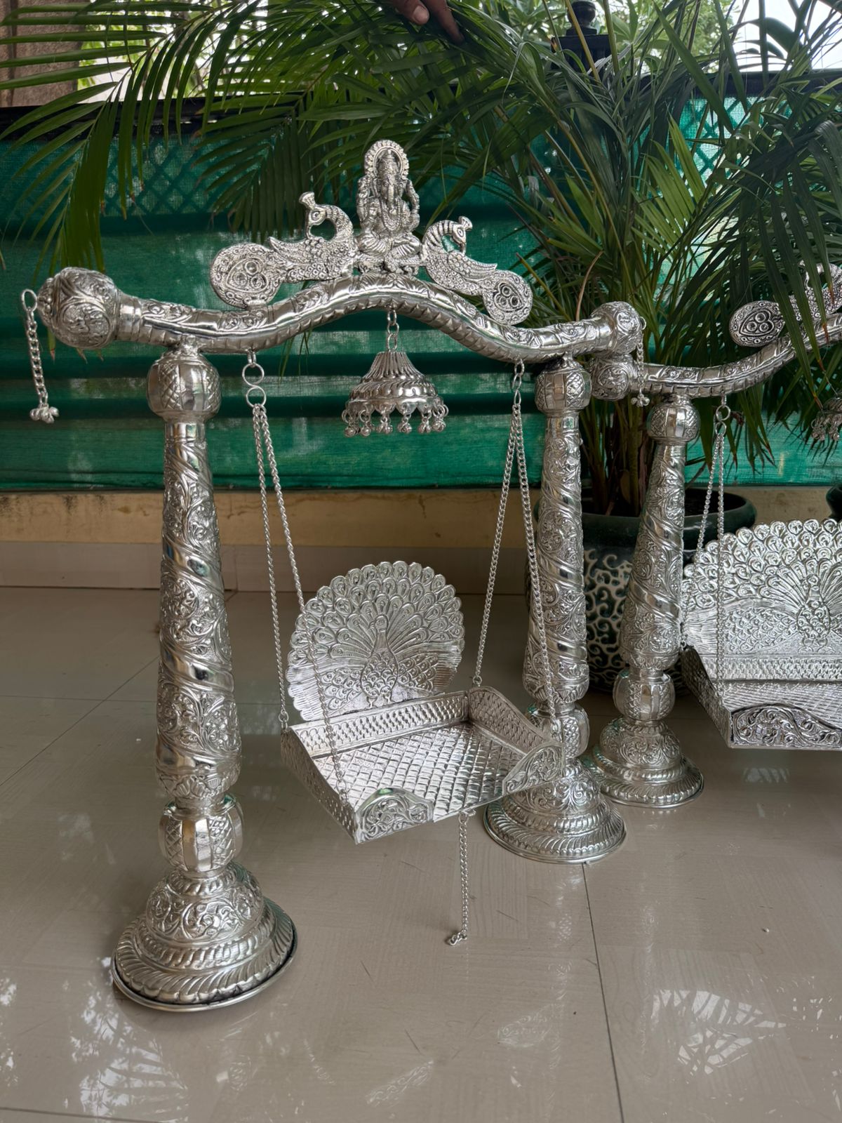 German Silver Ganesh & Peacock Jhula – small Size Laddu Gopal god idols Swing