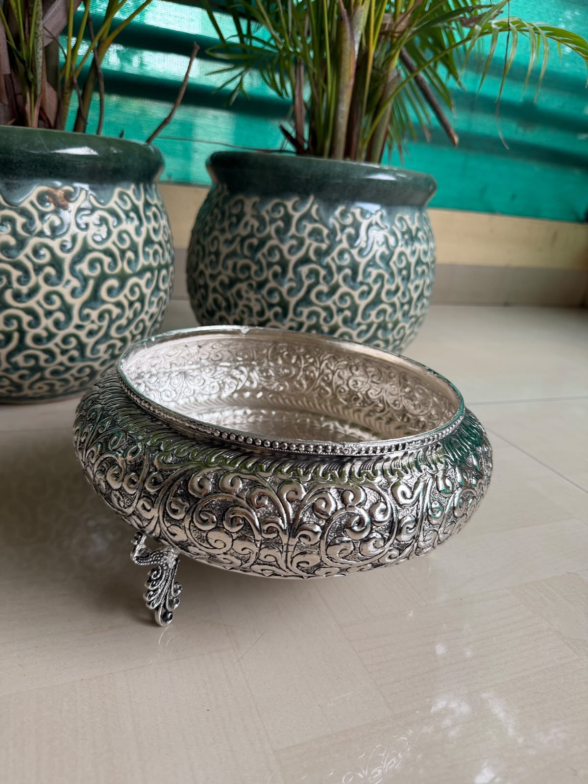 Antique German Silver Peacock Urli Bowl – Intricately Carved Festive Decor