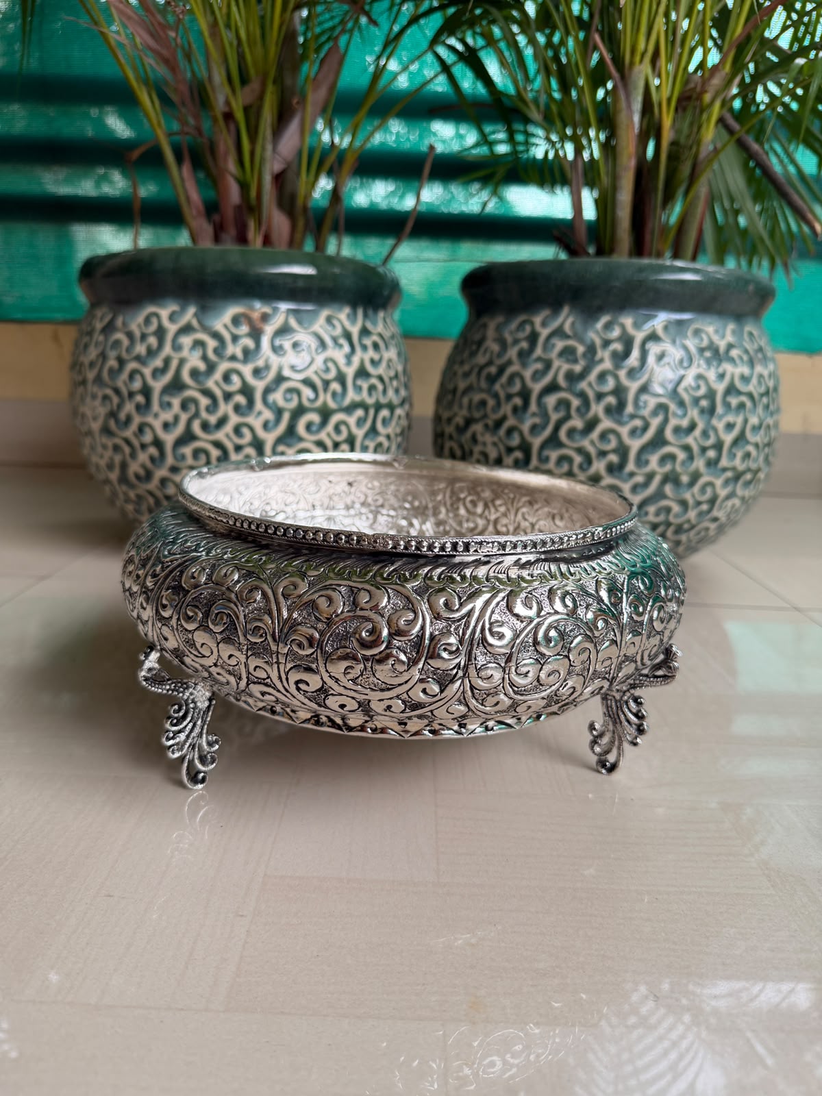 Antique German Silver Peacock Urli Bowl – Intricately Carved Festive Decor
