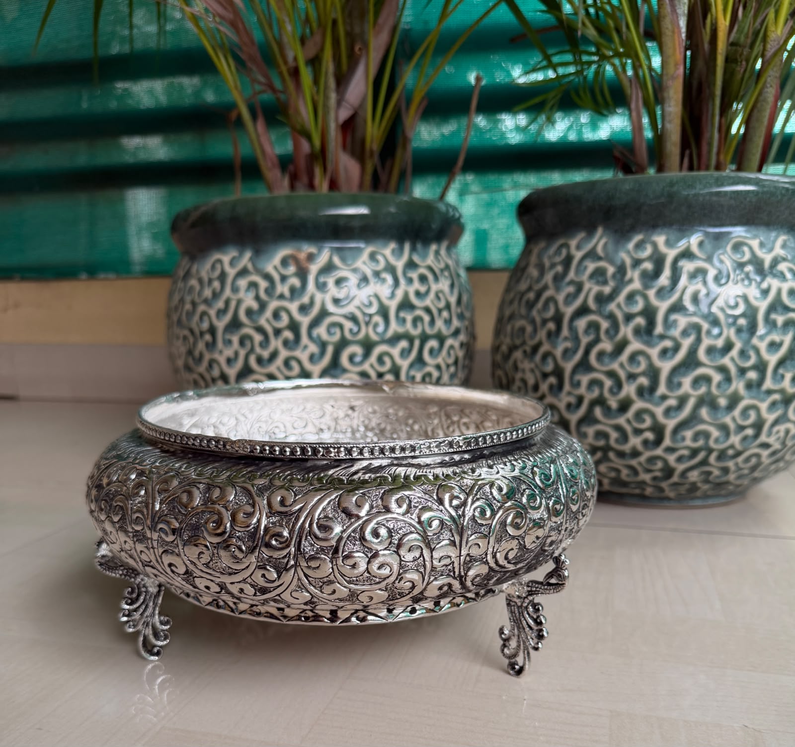 Antique German Silver Peacock Urli Bowl – Intricately Carved Festive Decor