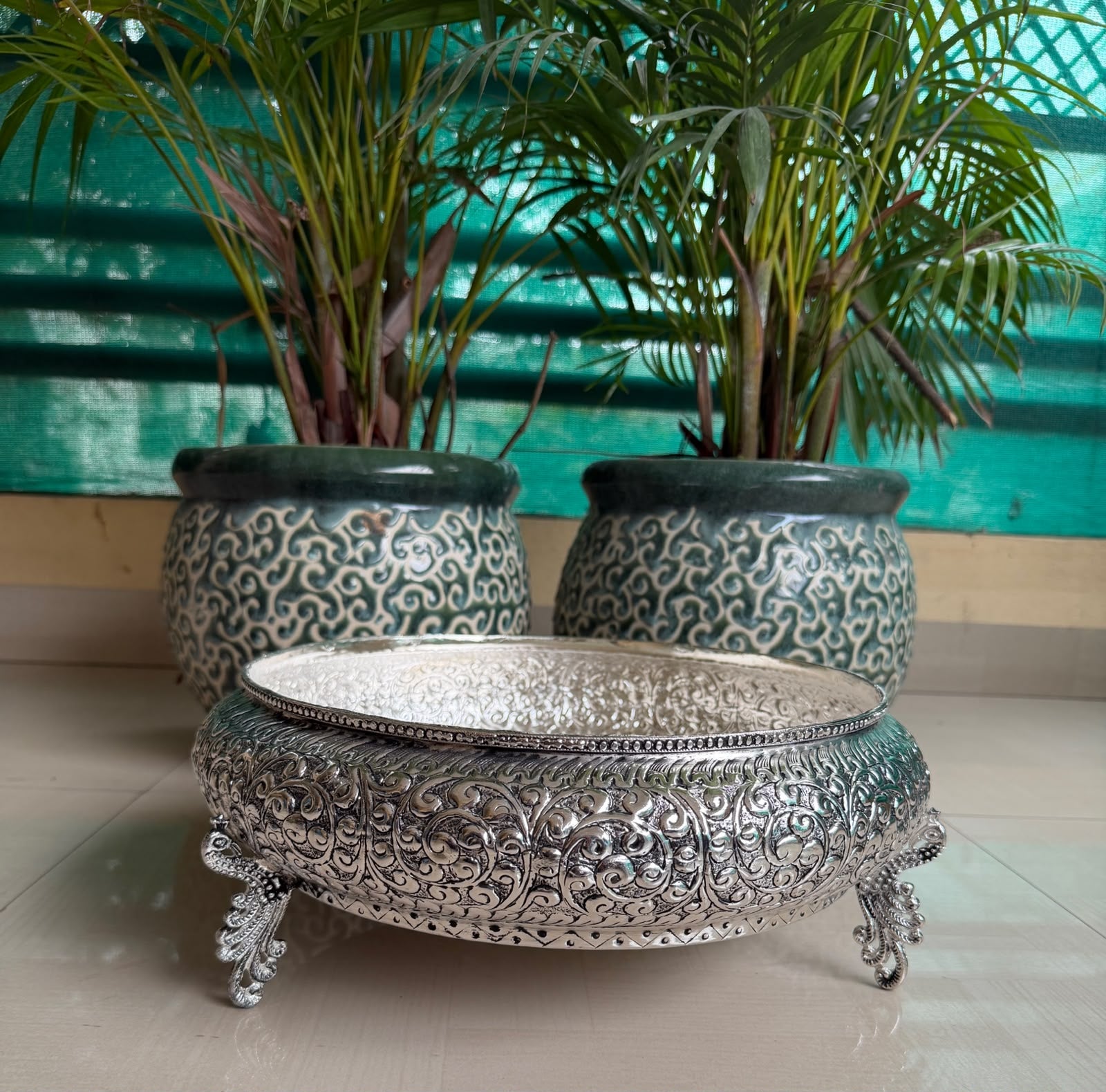 Antique German Silver Peacock Urli Bowl – Intricately Carved Festive Décor, 12.5"