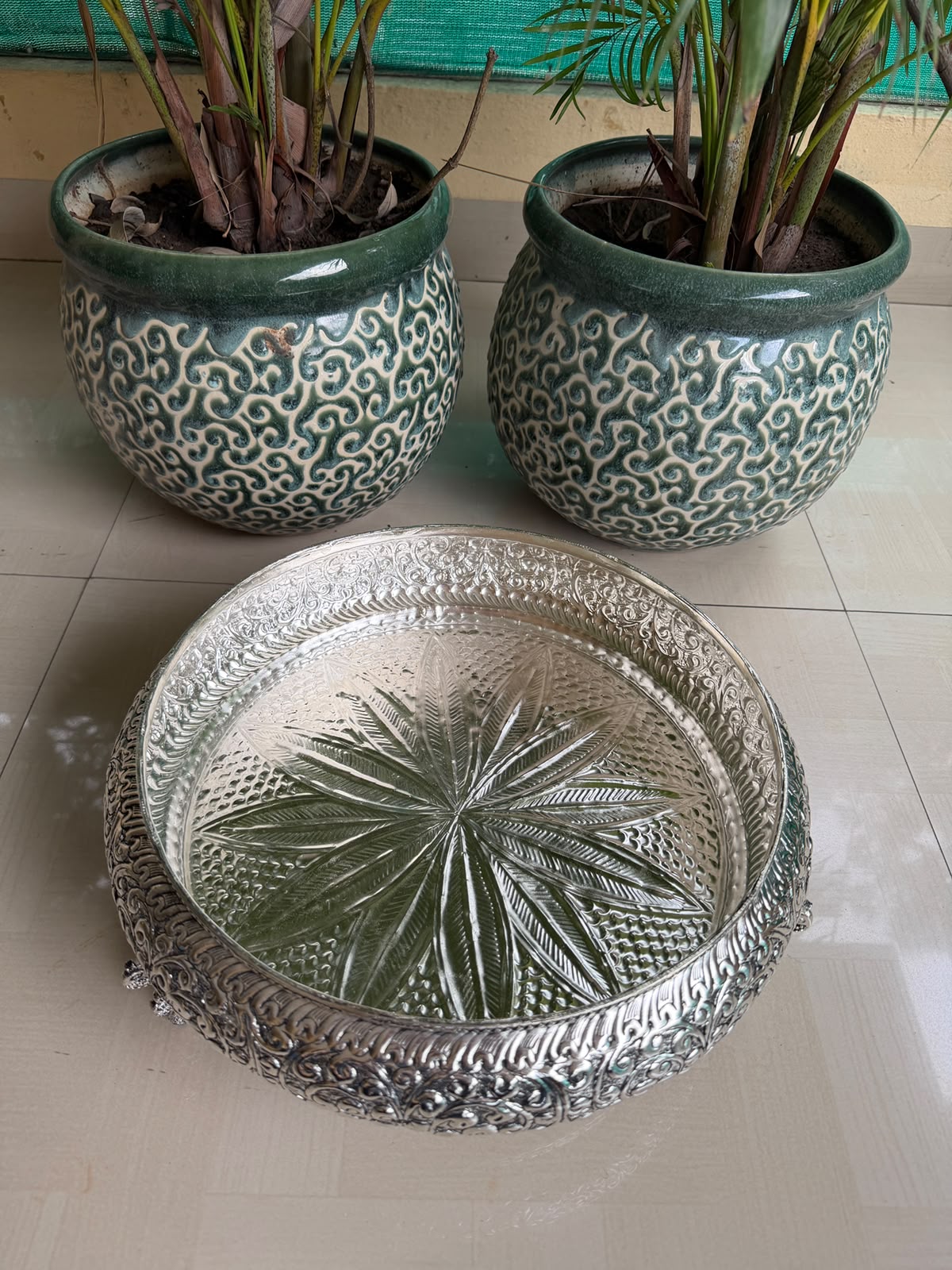 Antique German Silver Peacock Urli Bowl – Intricately Carved Festive Décor, 12.5"