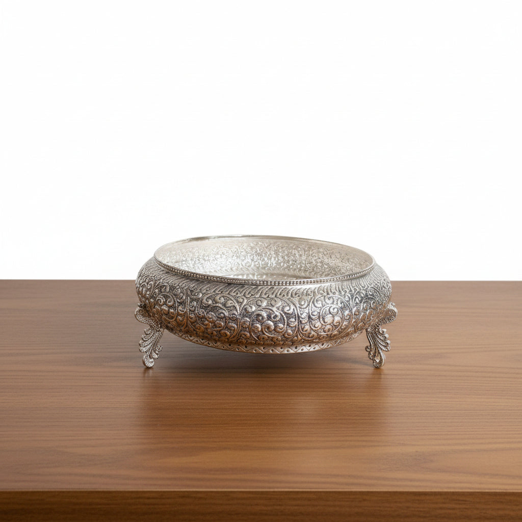 Antique German Silver Peacock Urli Bowl – Intricately Carved Festive Décor, 12.5"