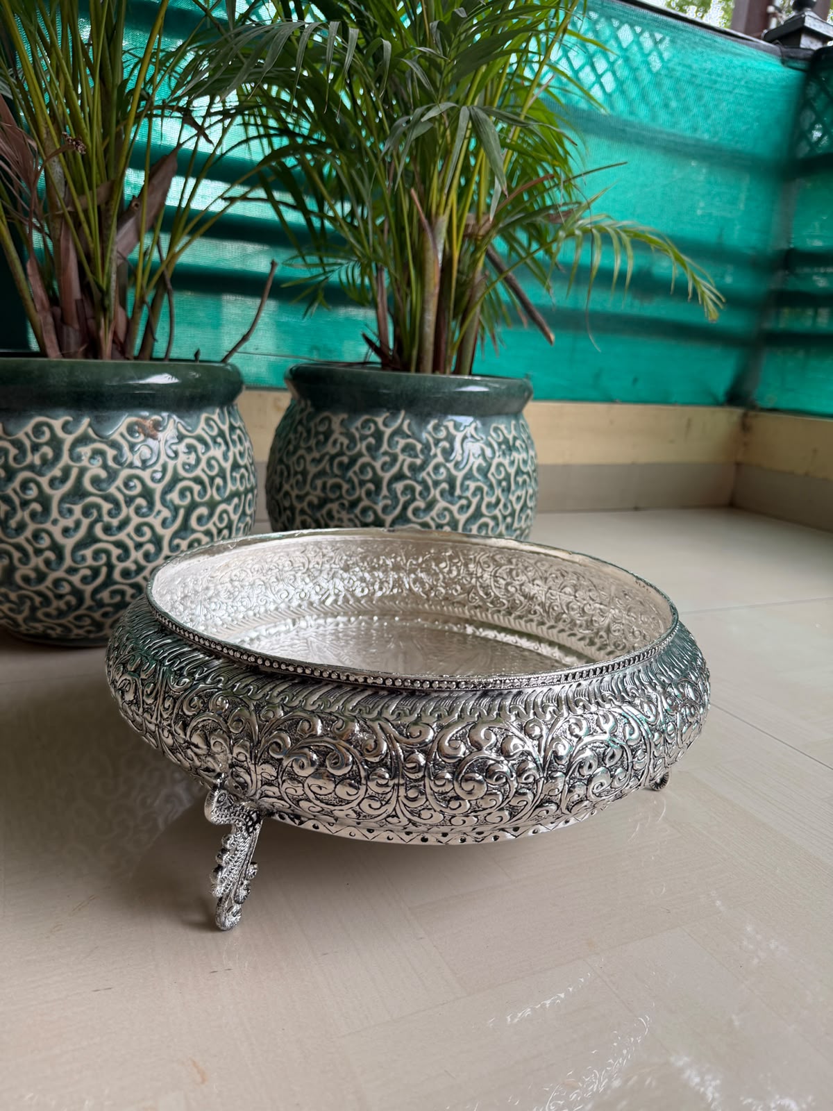 Antique German Silver Peacock Urli Bowl – Intricately Carved Festive Décor, 12.5"