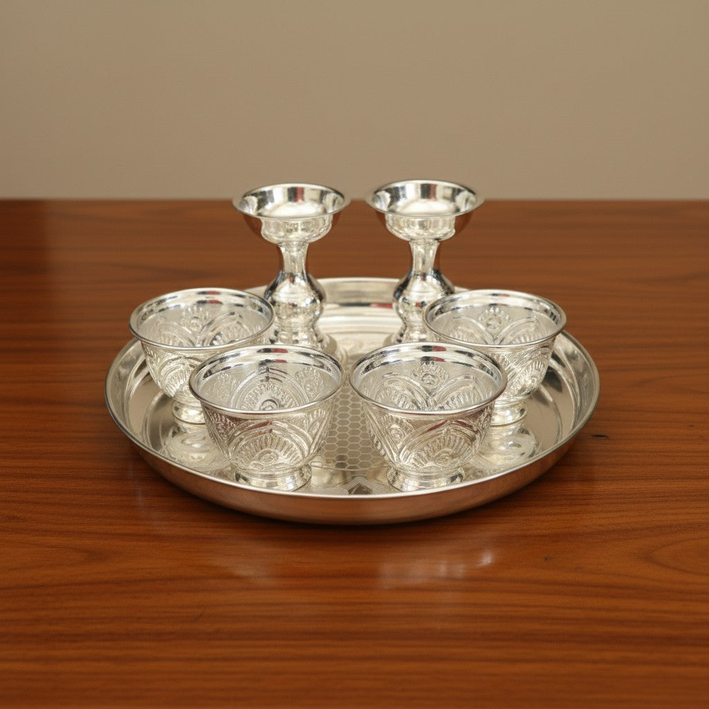 German Silver Antique Finish Pooja Thali Set – 7 Piece Devotional Essentials