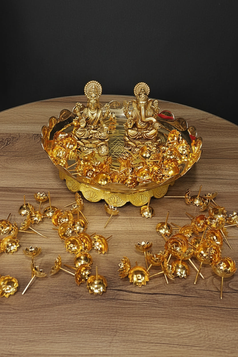Brass Lakshmi Ganesh Idol with Lotus Stand & 108 Golden Flowers – Auspicious Pooja Set