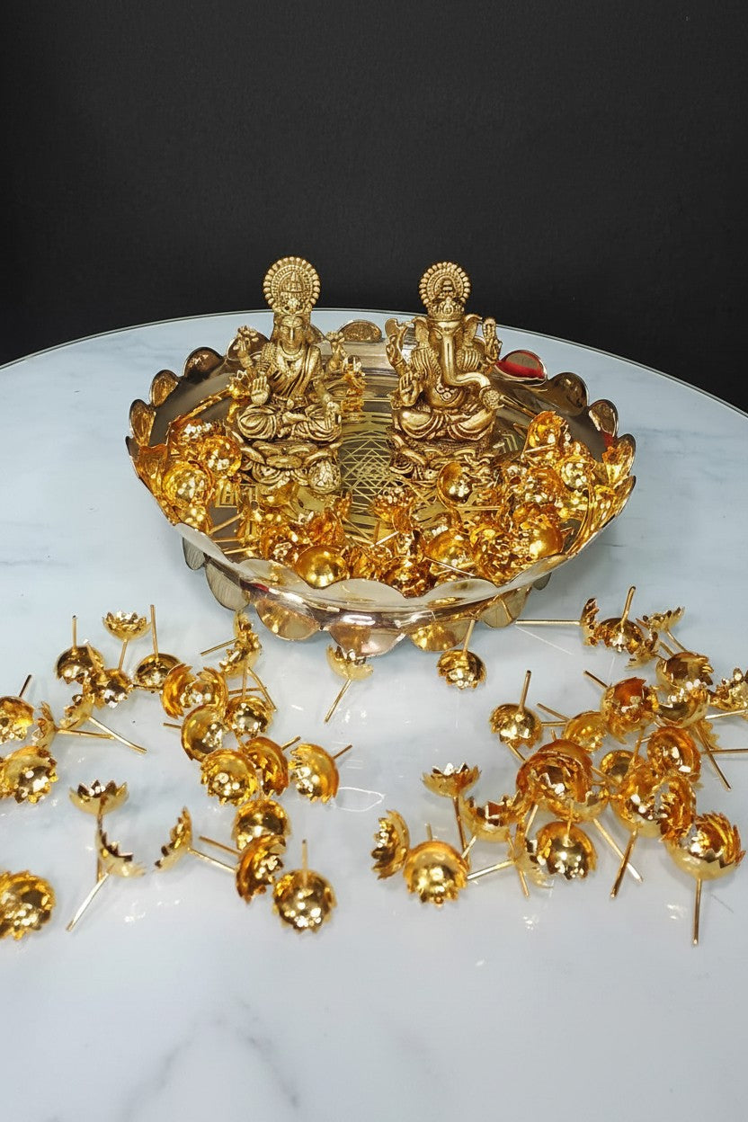 Brass Lakshmi Ganesh Idol with Lotus Stand & 108 Golden Flowers – Auspicious Pooja Set