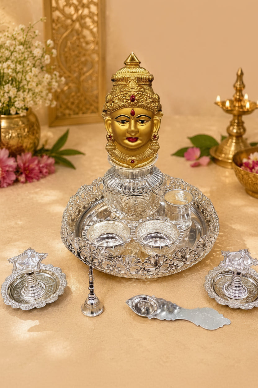German Silver Vara Lakshmi Pooja Thali Set – Antique Finish Devotional Essentials