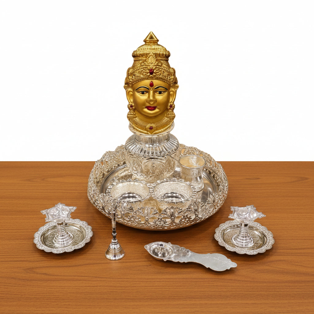 German Silver Vara Lakshmi Pooja Thali Set – Antique Finish Devotional Essentials