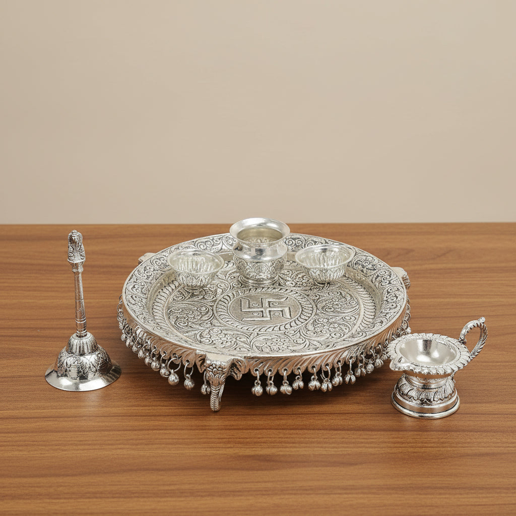 German Silver elephant legs Antique Pooja Thali – Full Ghungroo Layer with Velvet Box