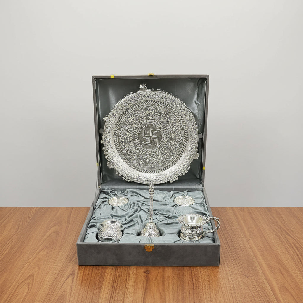 German Silver elephant legs Antique Pooja Thali – Full Ghungroo Layer with Velvet Box
