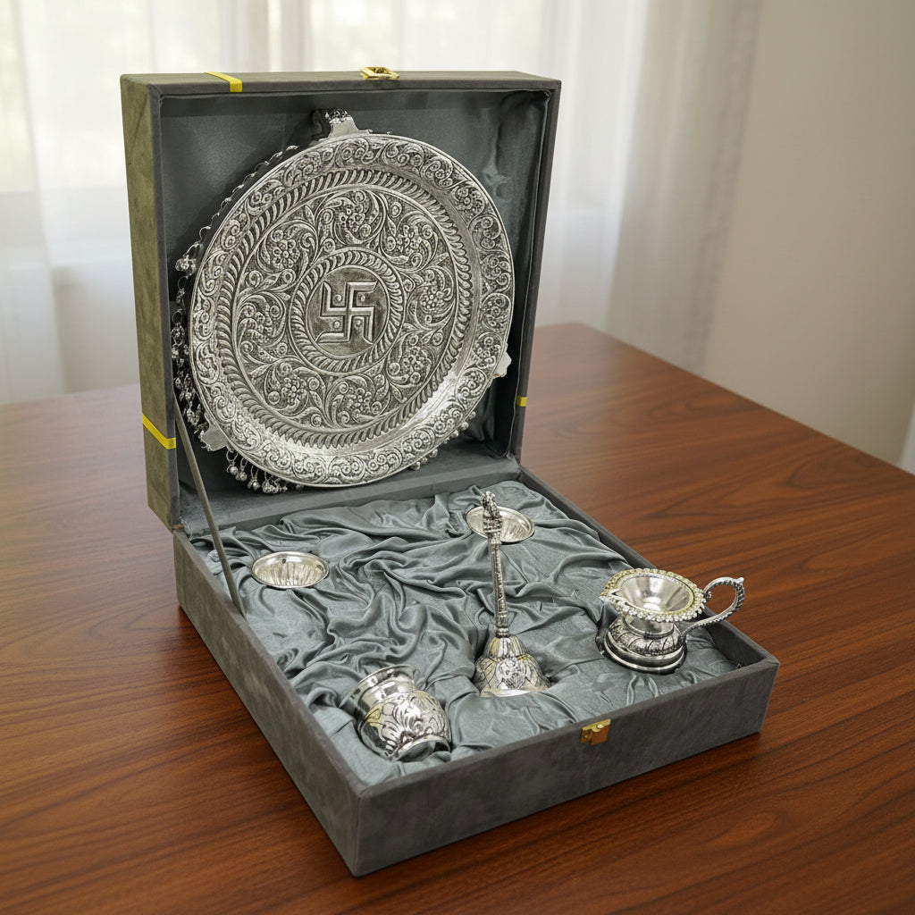 German Silver elephant legs Antique Pooja Thali – Full Ghungroo Layer with Velvet Box