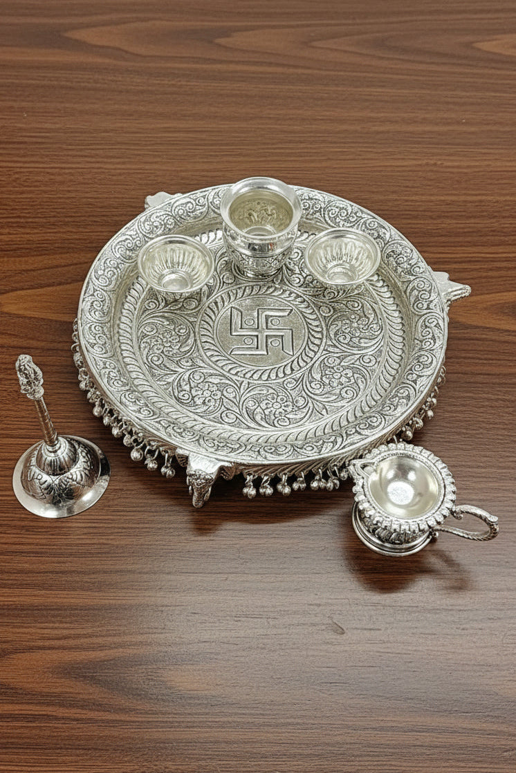 German Silver elephant legs Antique Pooja Thali – Full Ghungroo Layer with Velvet Box