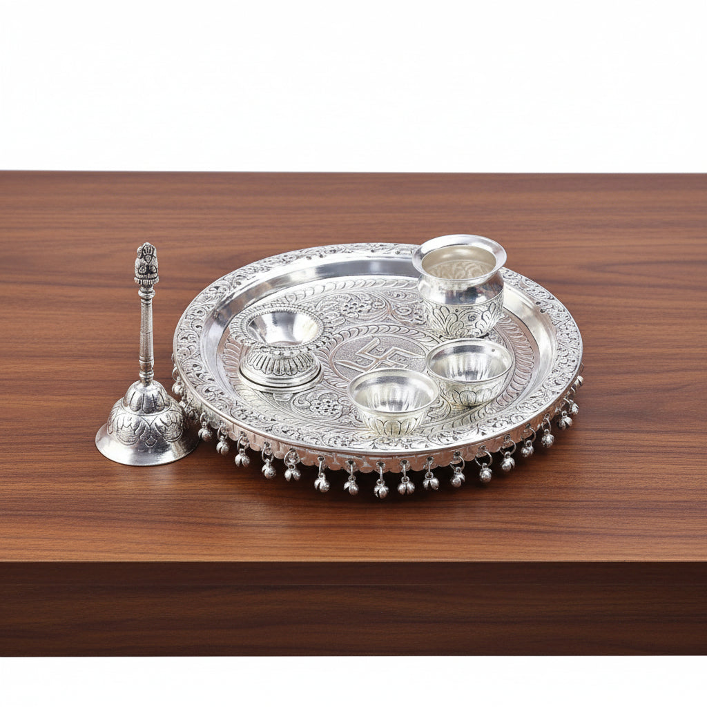 German Silver Antique Pooja Thali – Full Ghungroo Layer with Velvet Box