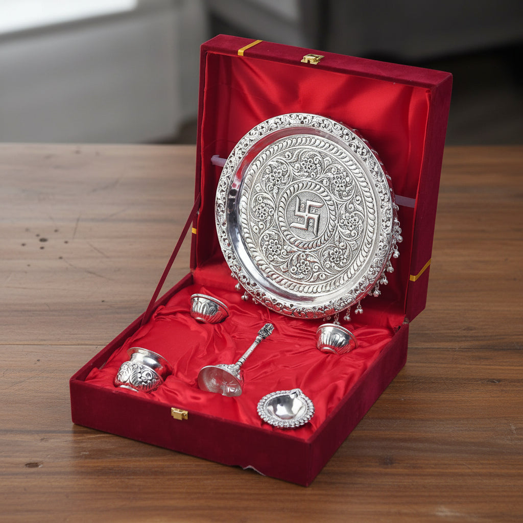 German Silver Antique Pooja Thali – Full Ghungroo Layer with Velvet Box