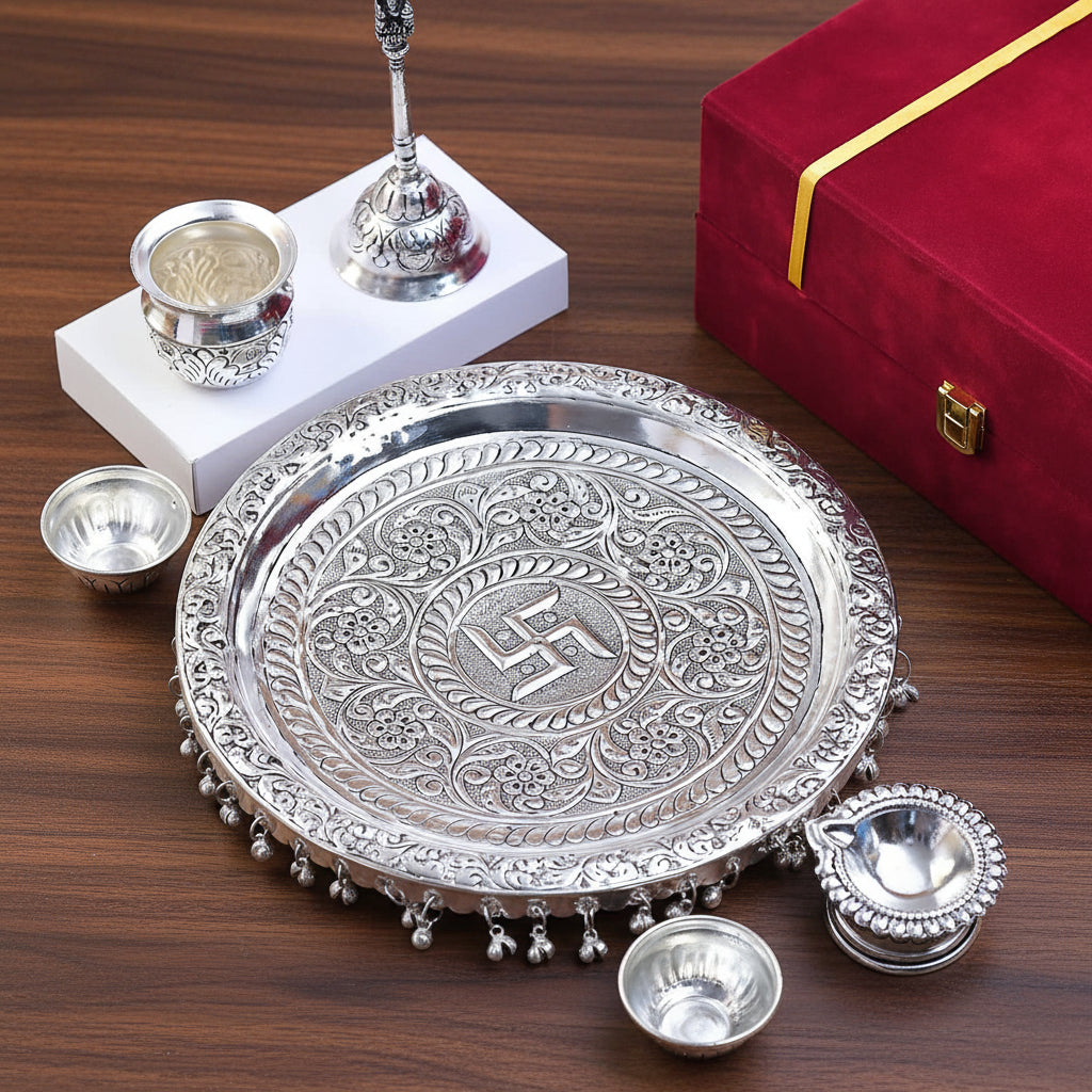 German Silver Antique Pooja Thali – Full Ghungroo Layer with Velvet Box
