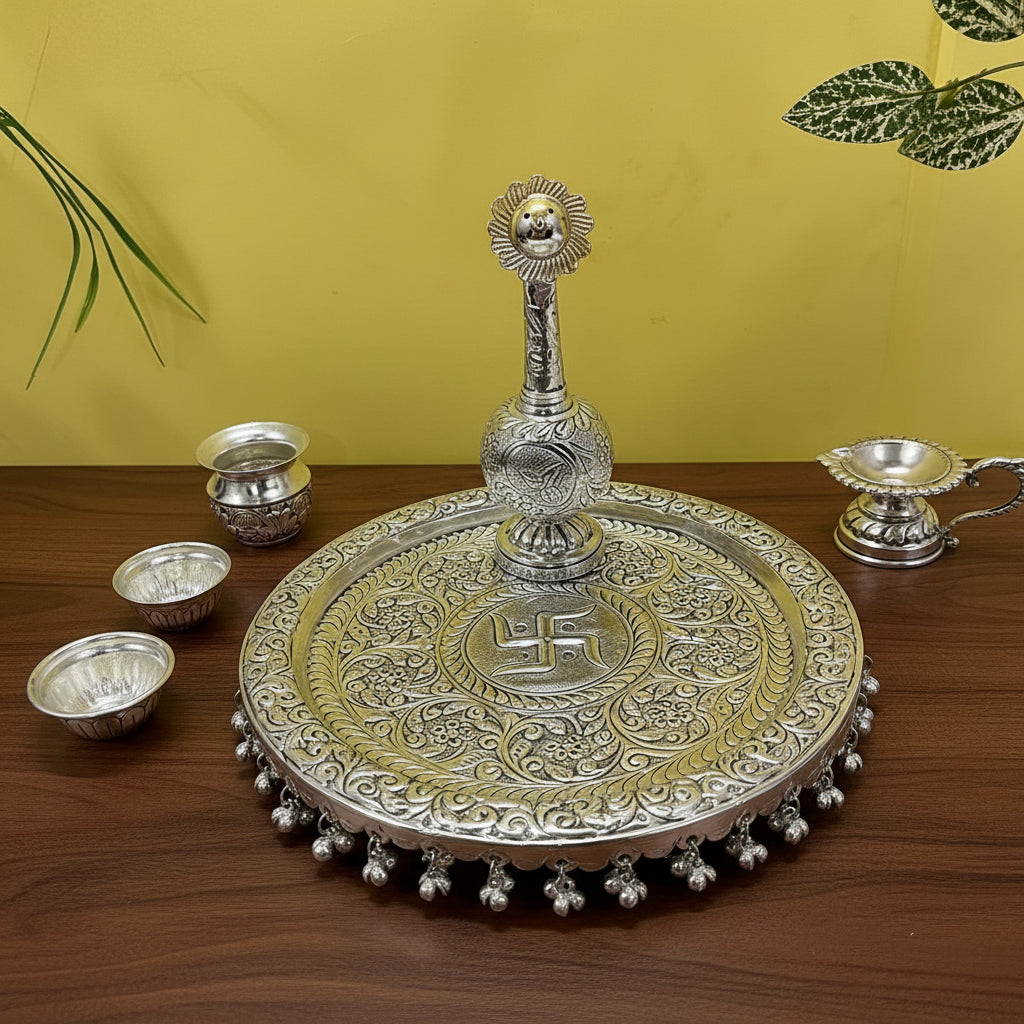 German Silver Heavy Pooja Thali – 6 Item Set with Water Rose Sprinkle for Home & Temple