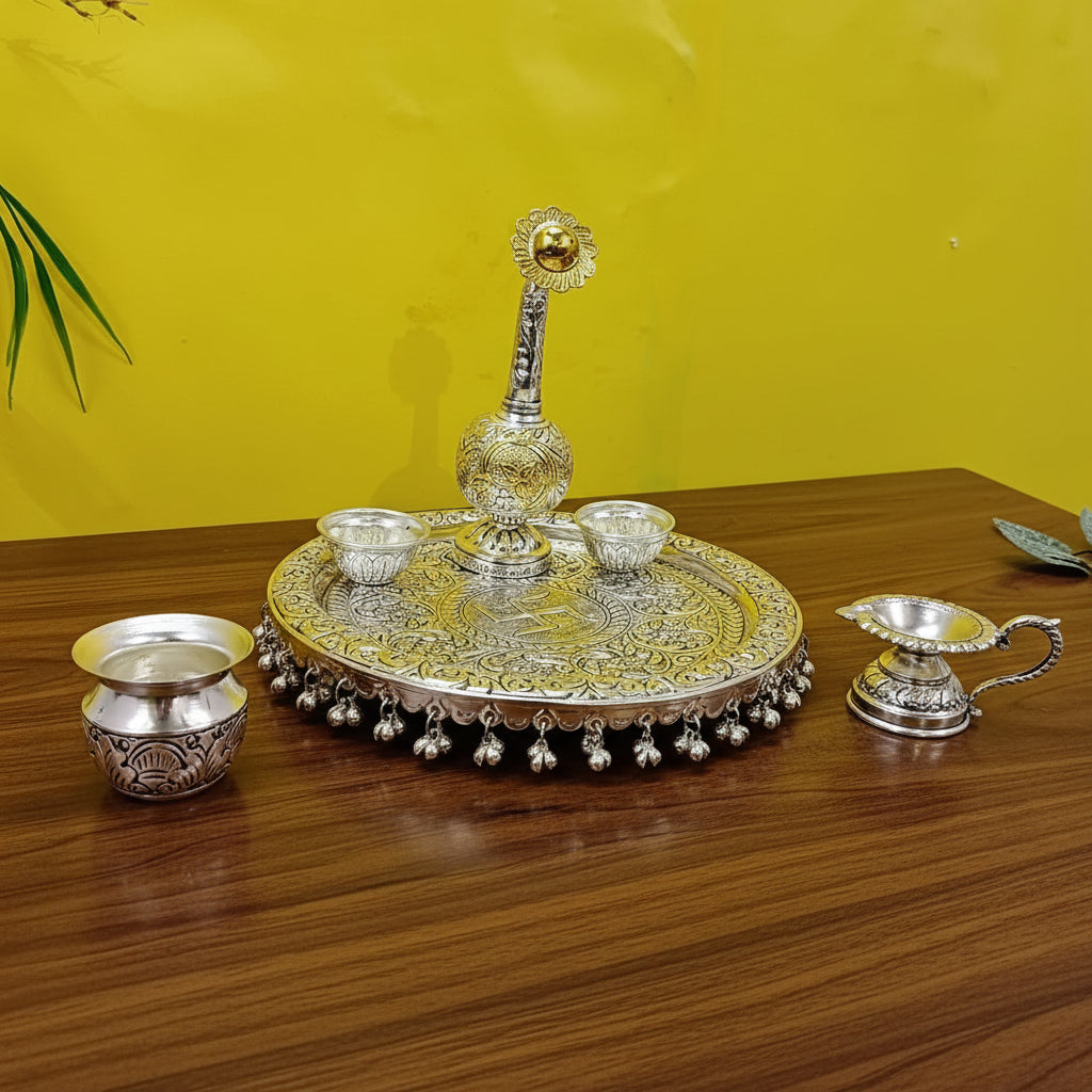 German Silver Heavy Pooja Thali – 6 Item Set with Water Rose Sprinkle for Home & Temple