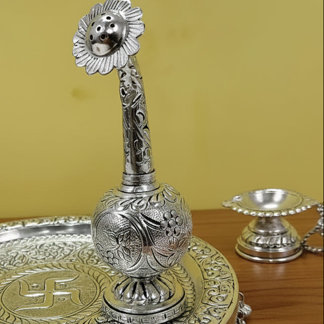 German Silver Heavy Pooja Thali – 6 Item Set with Water Rose Sprinkle for Home & Temple