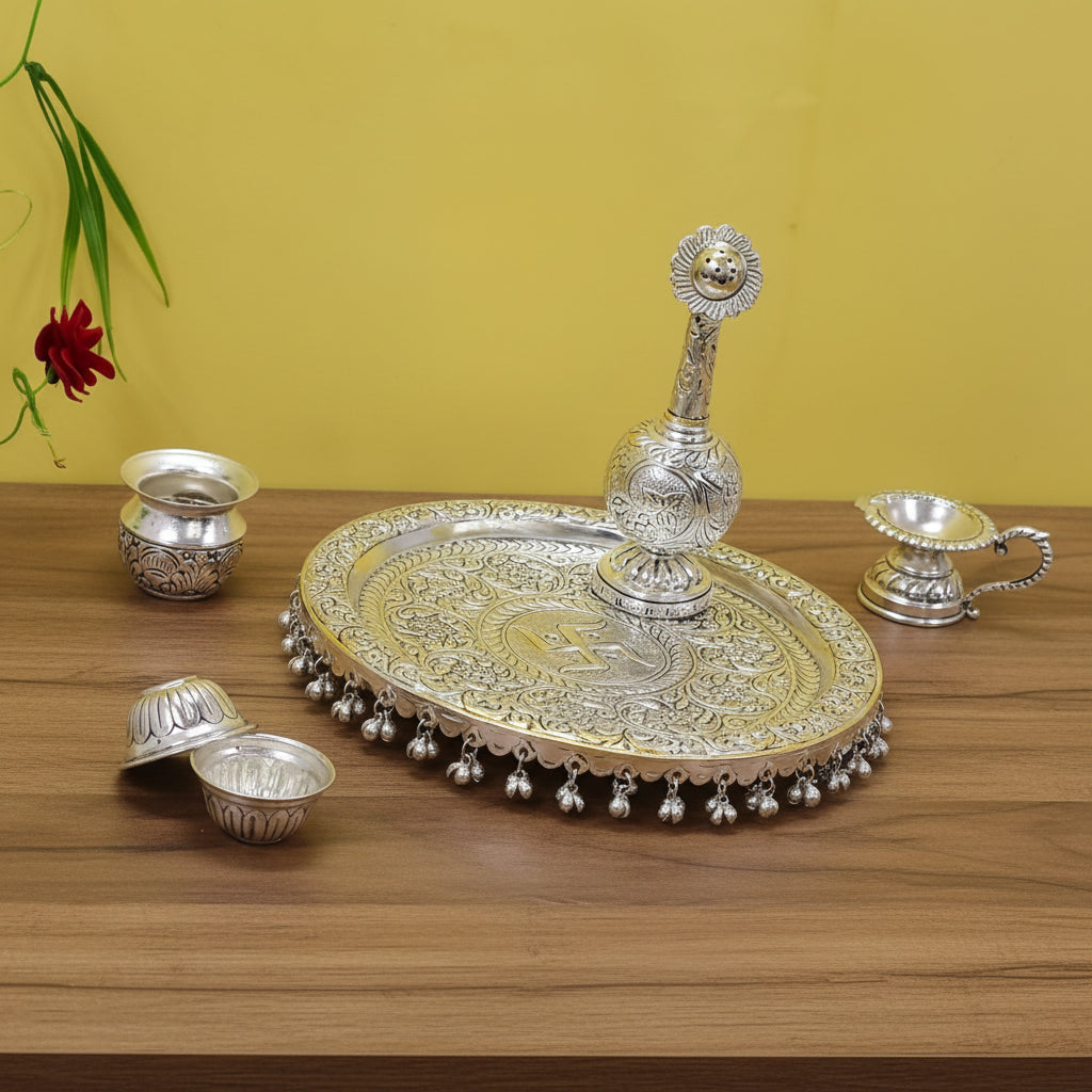 German Silver Heavy Pooja Thali – 6 Item Set with Water Rose Sprinkle for Home & Temple