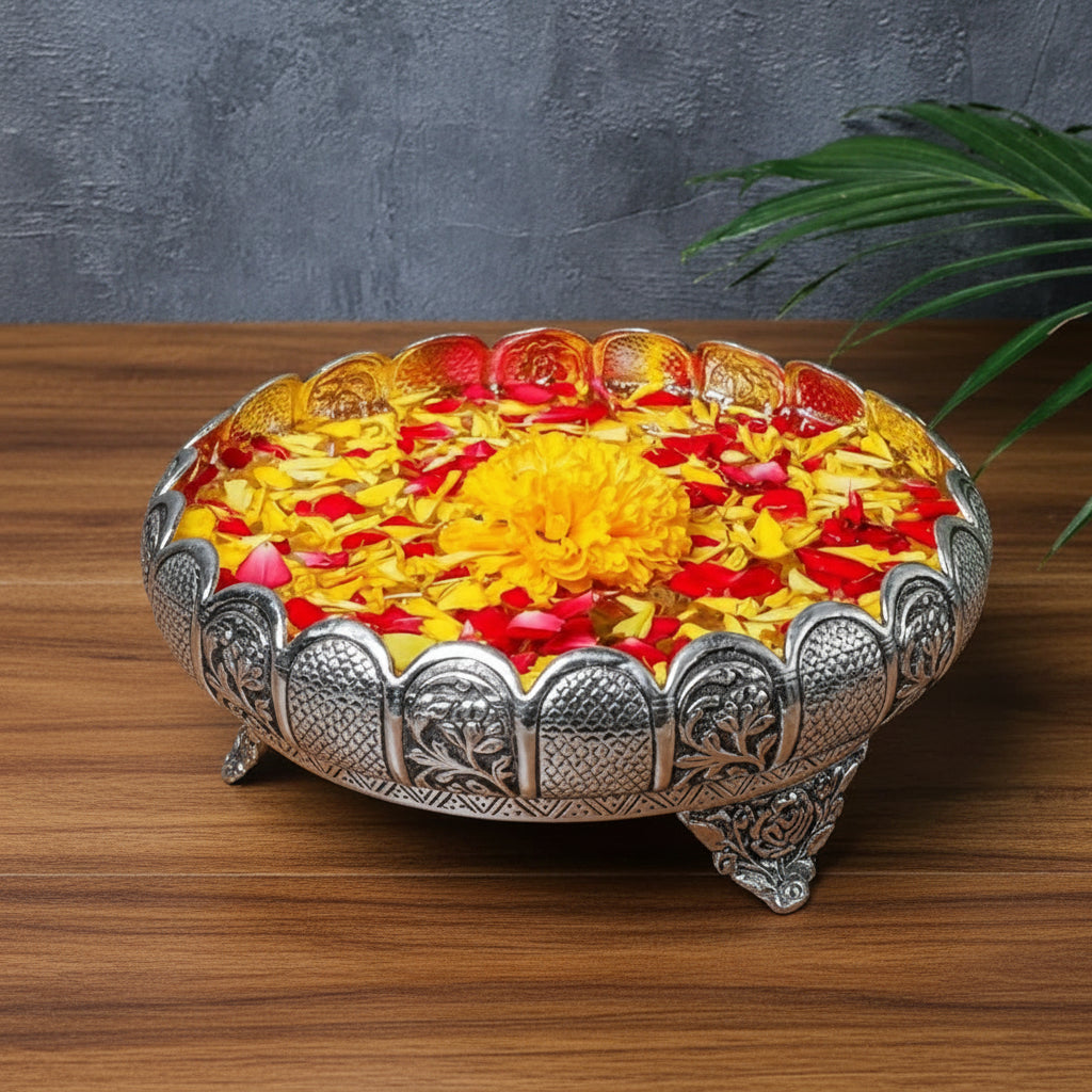 German Silver Antique Flower Urli Bowl – Fine Carving Home & Diwali Decor