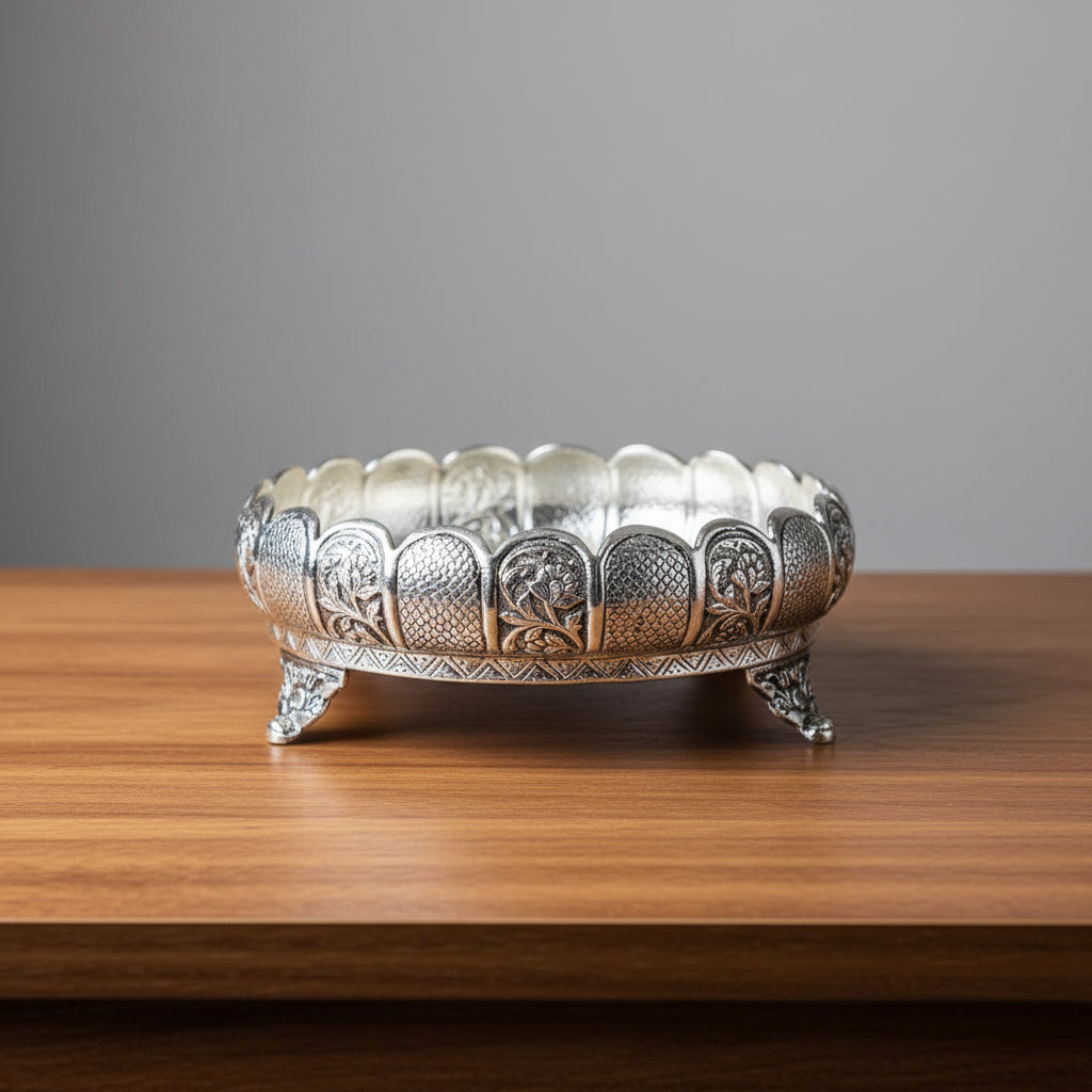German Silver Antique Flower Urli Bowl – Fine Carving Home & Diwali Decor