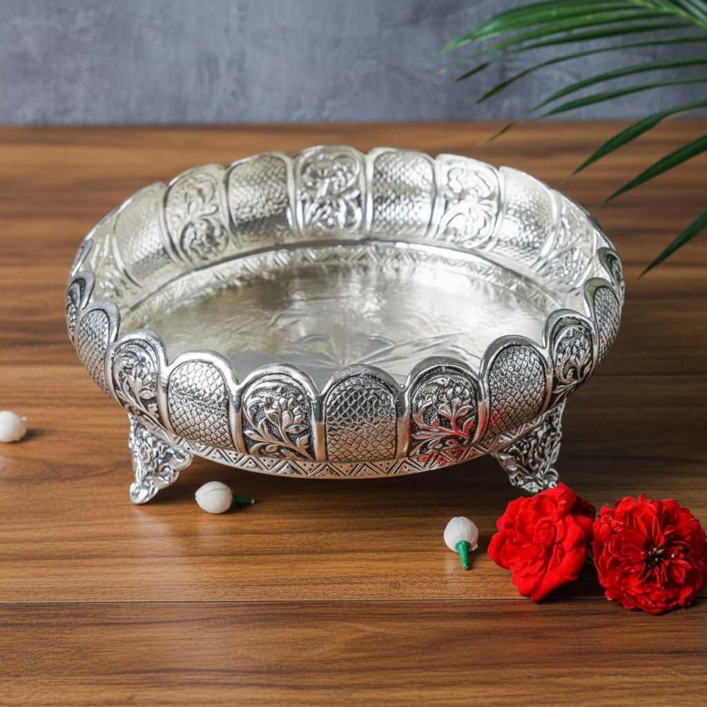 German Silver Antique Flower Urli Bowl – Fine Carving Home & Diwali Decor
