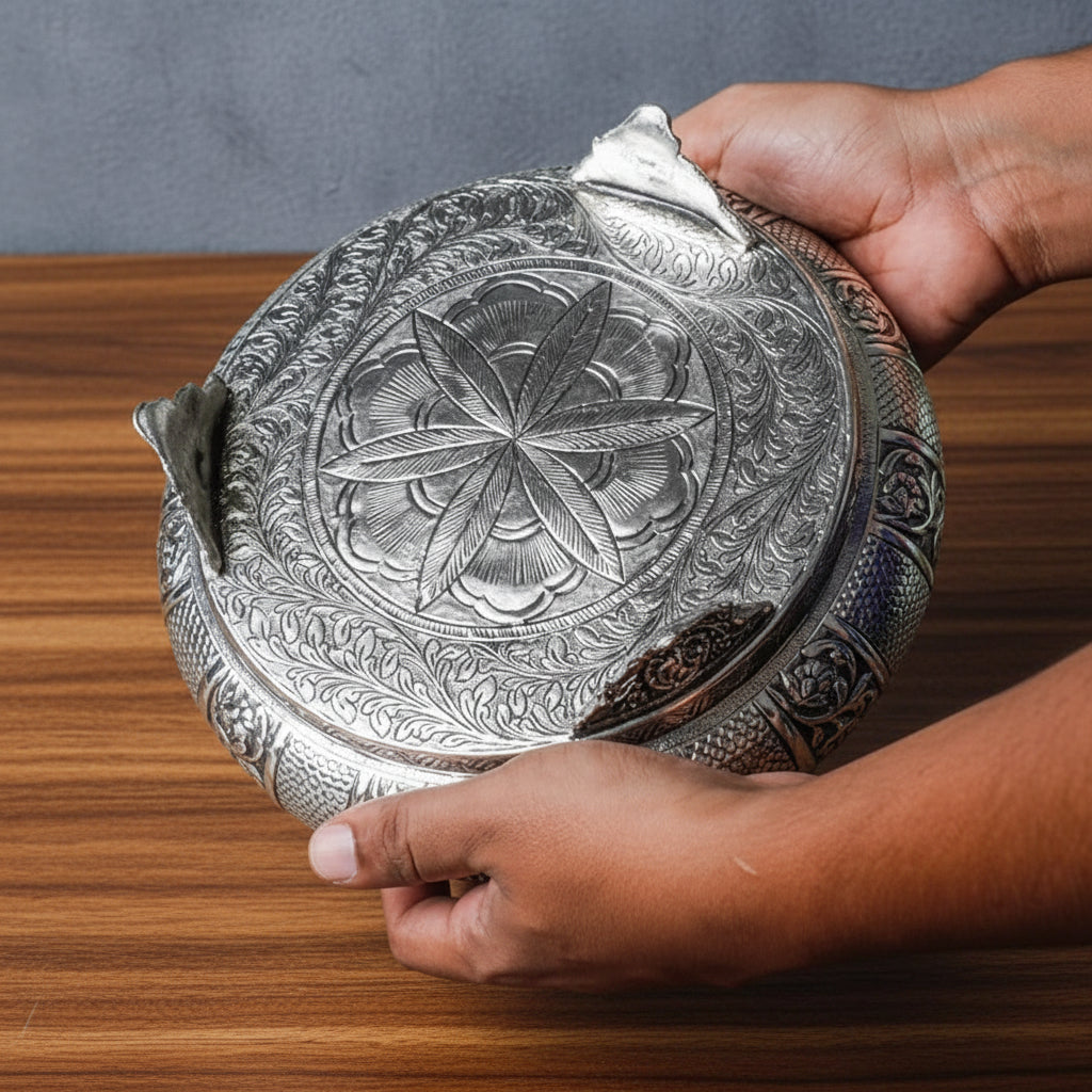 German Silver Antique Flower Urli Bowl – Fine Carving Home & Diwali Decor