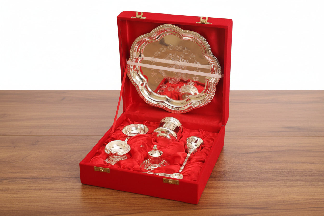 german silver Om Design Pooja Aarti Thali – 7 Piece Set for Poojan Purpose