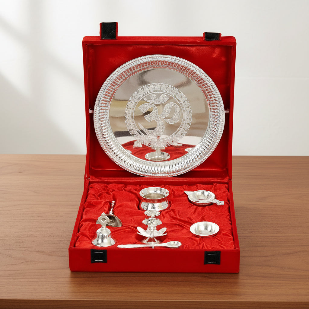 german silver Om Design Pooja Aarti Thali – for Poojan Purpose