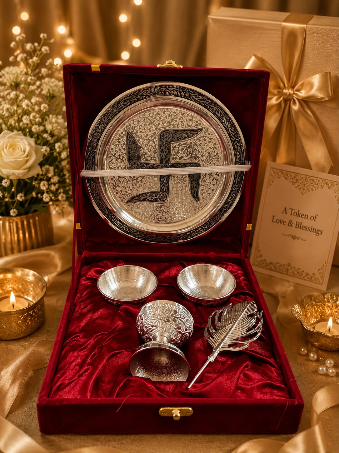German Silver Antique Pooja Thali – Velvet Box Packing for Gift Purpose